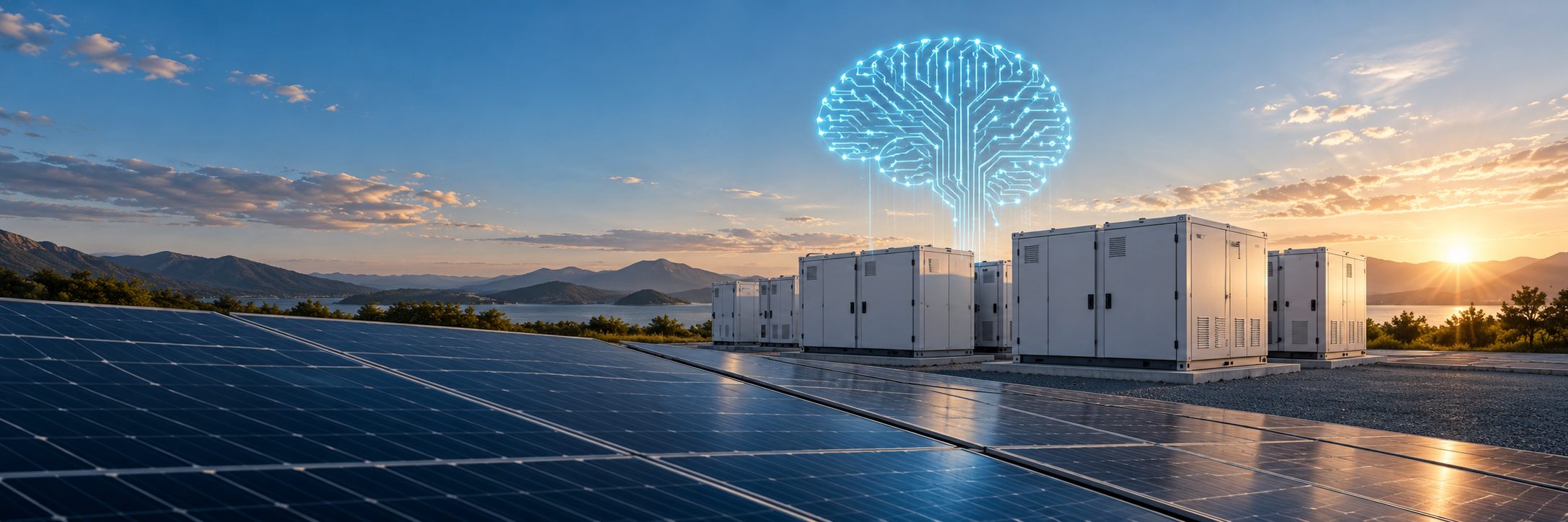 AI illustration of solar panels and battery storage connected by a glowing circuit brain
