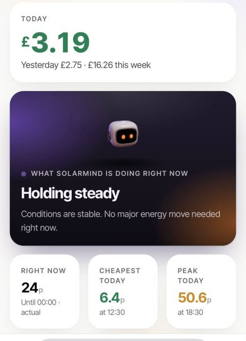 SolarMind Agile dashboard showing £16.26 saved this week, Holding steady, and prices from 6.4p to 50.6p