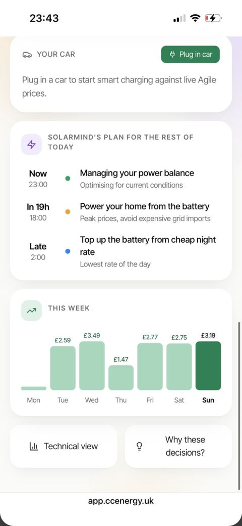 SolarMind Agile plan and daily savings for the pilot week